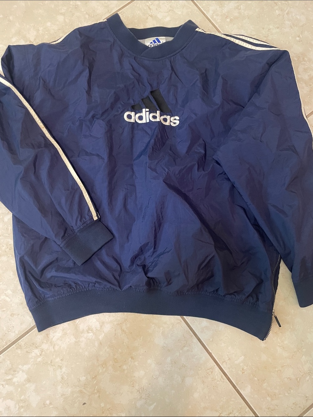 adidas Navy Crewneck Pullover with White Stripes 90s windbreaker